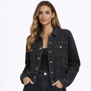 $150 ZARA Black Denim Jacket Studded Embellished Small New